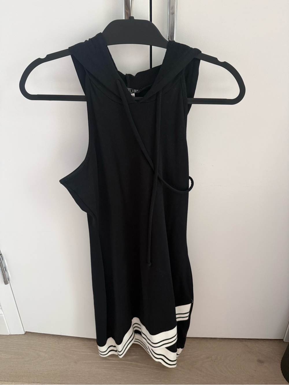 VENUS Black Sleeveless Hooded Tank with White Striped Hem